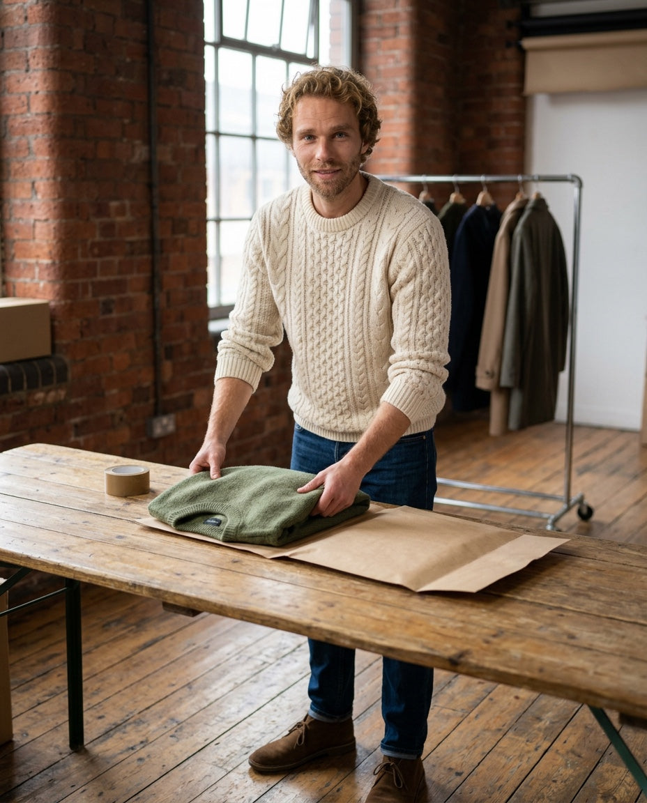 Jack packing an order at the studio table in Manchester