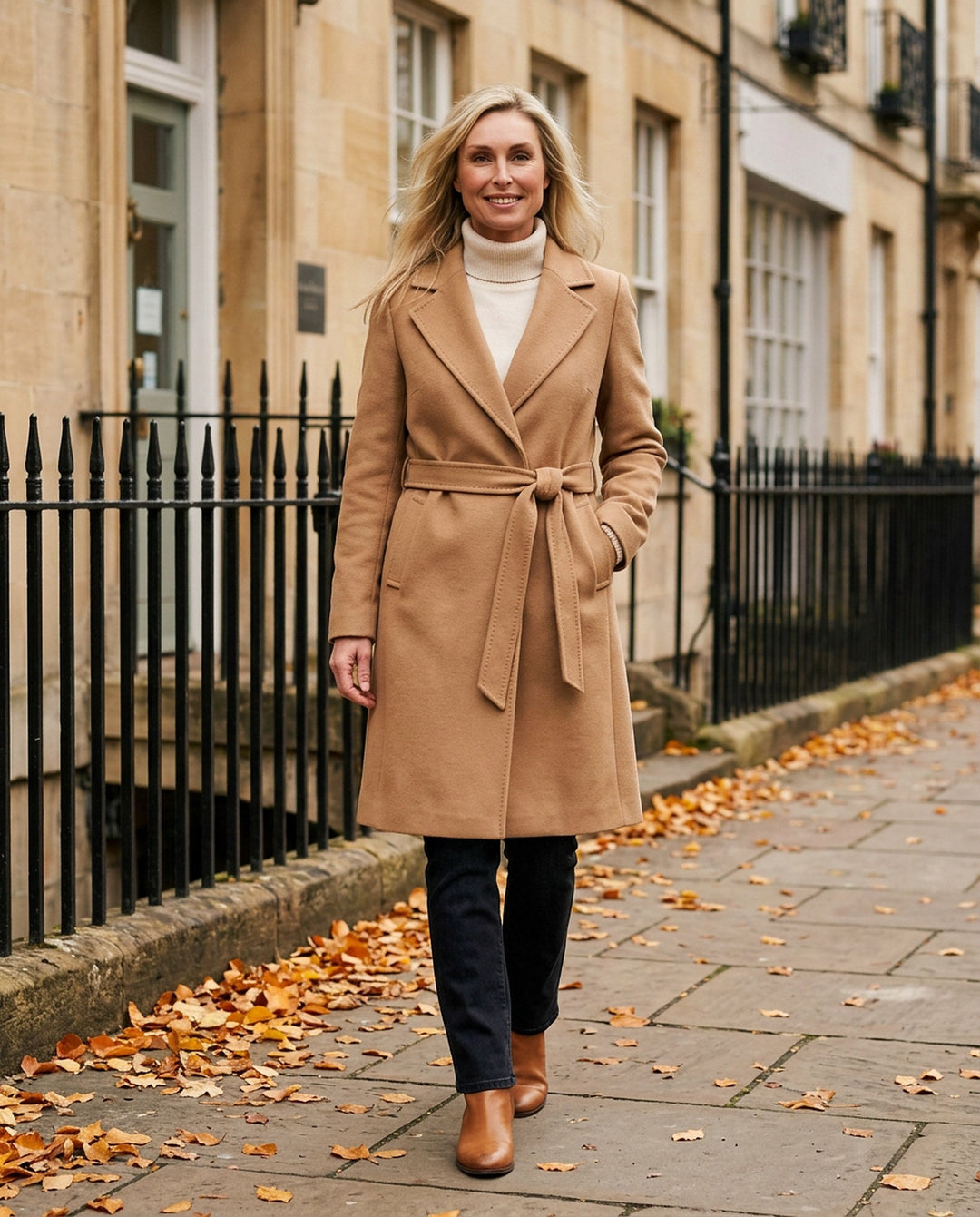 Ellie in a camel belted coat on a Harrogate street