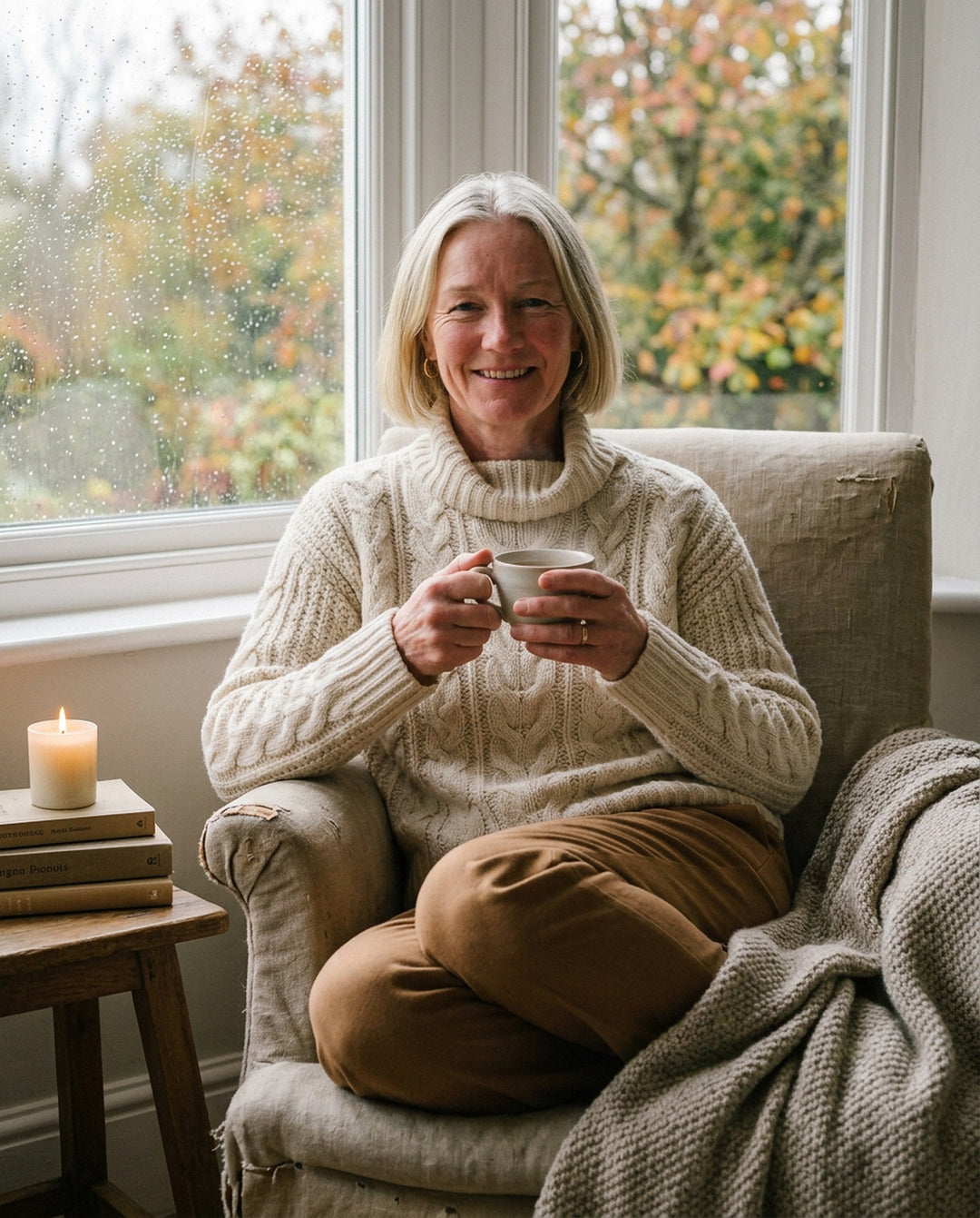 Margot in a chunky cream cable-knit jumper