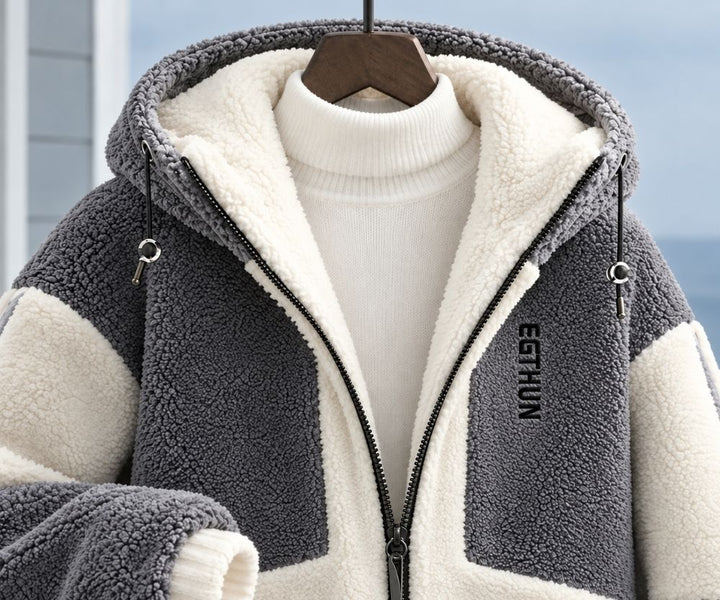 Men's Hooded Sherpa Jacket | Colour Block Zip Up Fleece