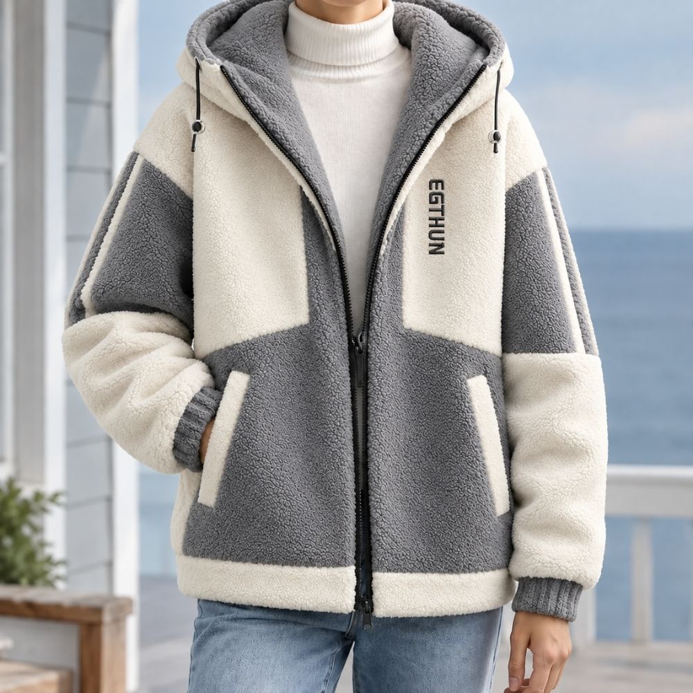 Men's Hooded Sherpa Jacket | Colour Block Zip Up Fleece