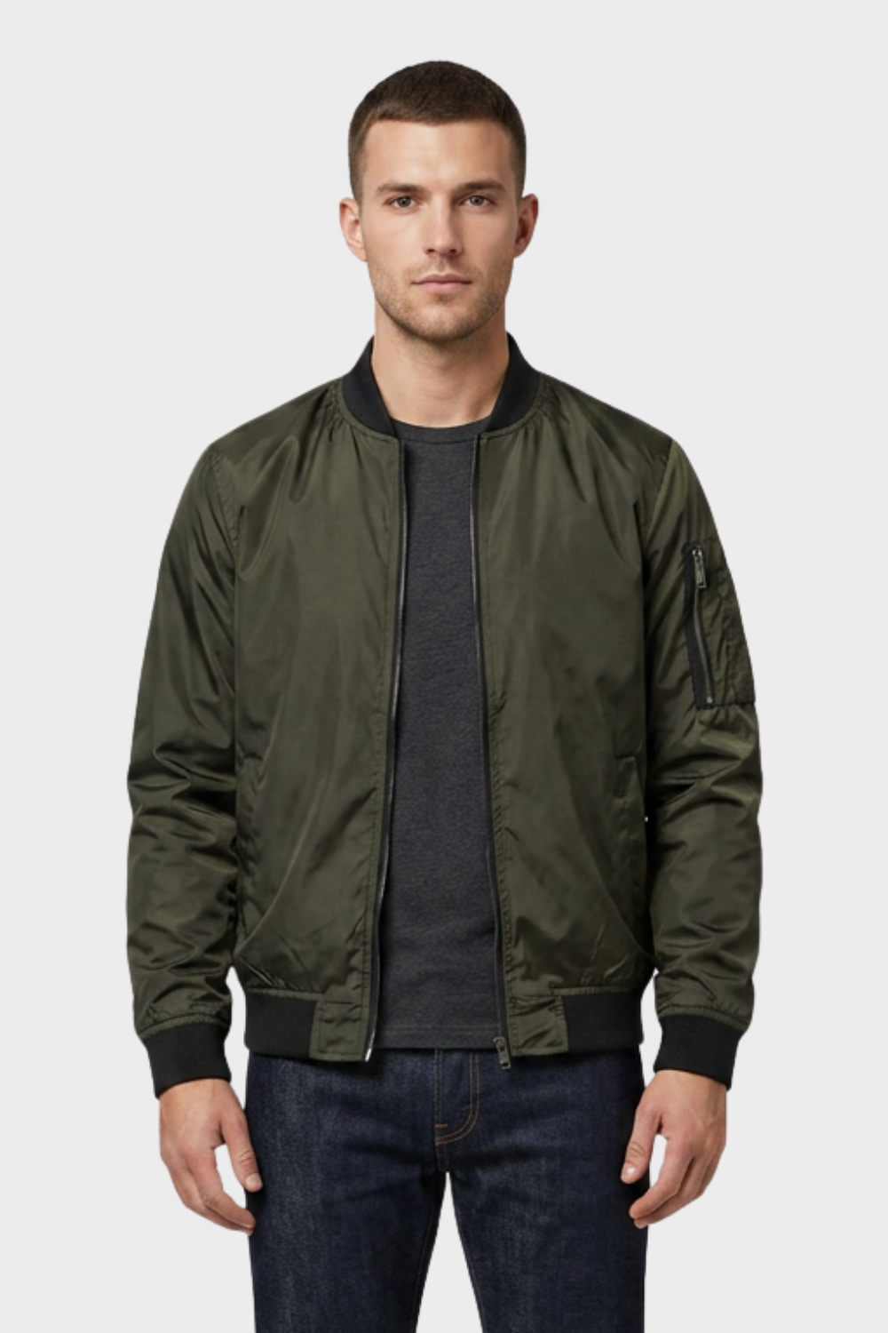 Men's Bomber Jacket with Zip and Stand-Up Collar | on model