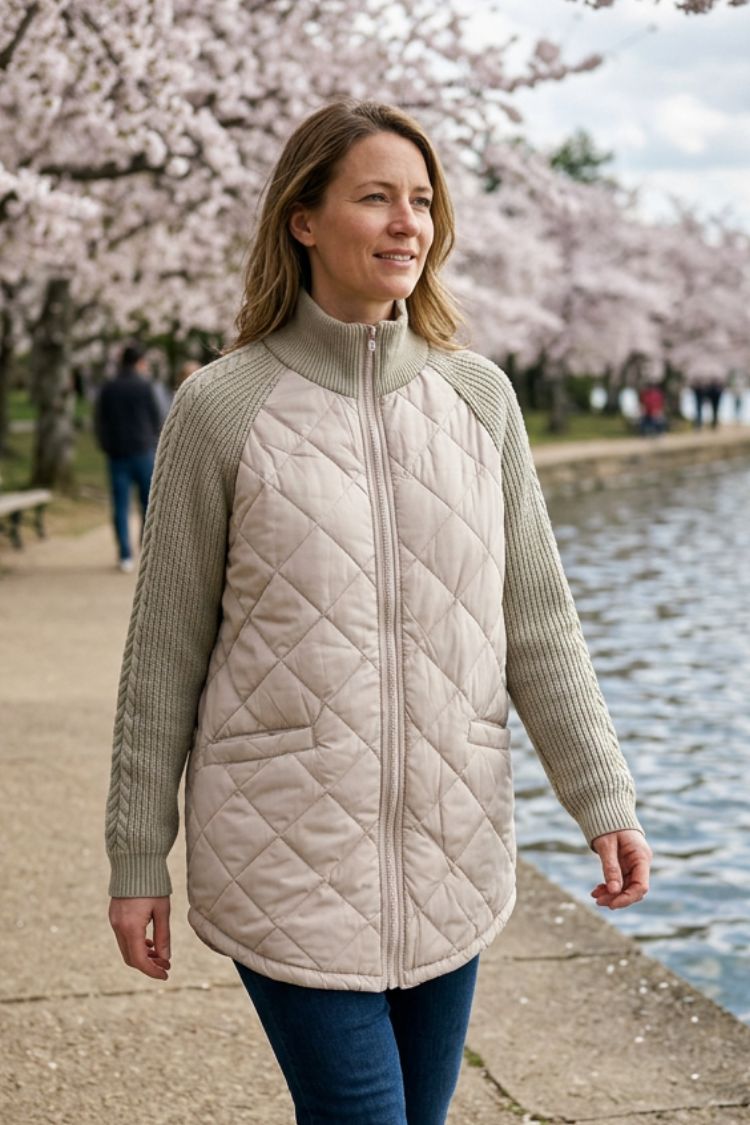 Women's Quilted Jacket | Ribbed Collar | on model