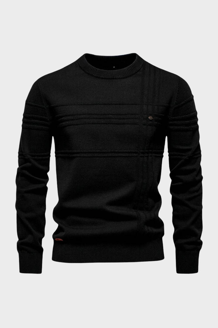 Men's Striped Crew Sweater | Ribbed Trim | Black