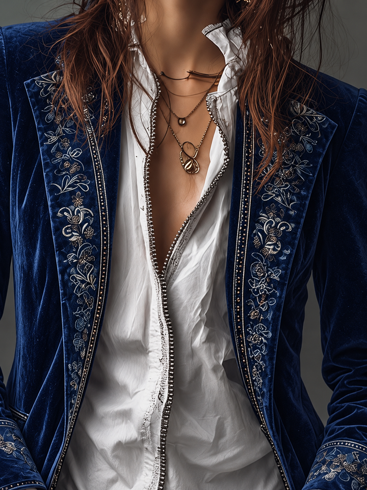 Women's Velvet Jacket | Longline with Embroidered Trim and Cuffs