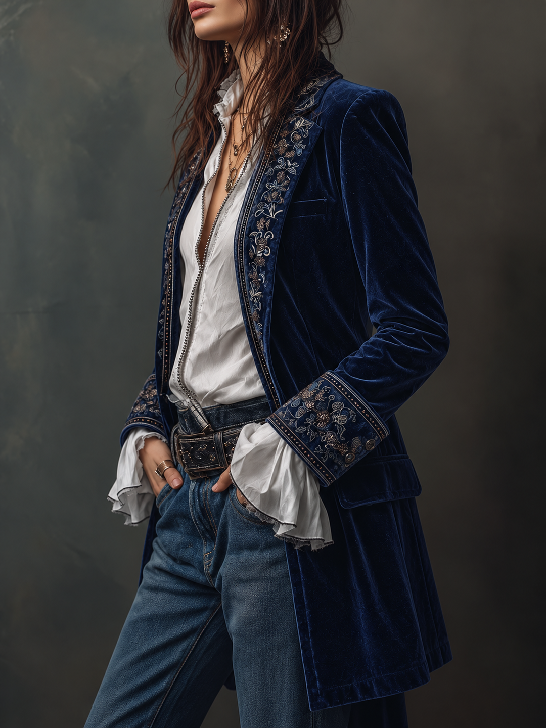Women's Velvet Jacket | Longline with Embroidered Trim and Cuffs