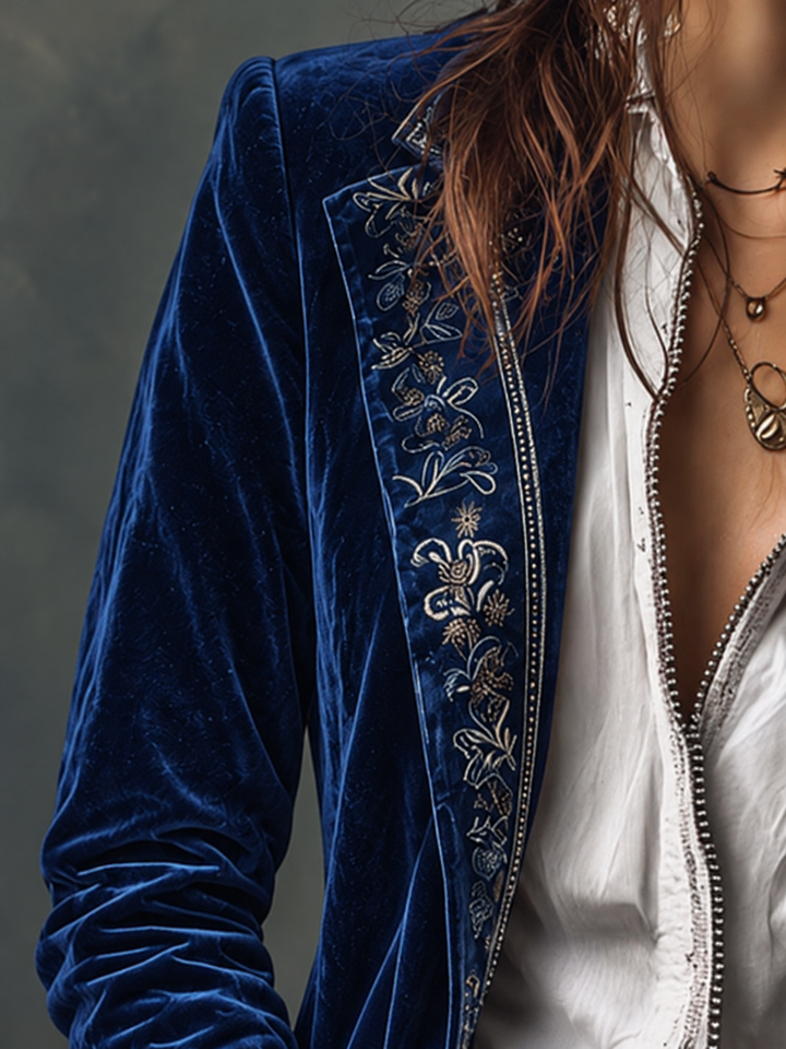 Women's Velvet Jacket | Longline with Embroidered Trim and Cuffs