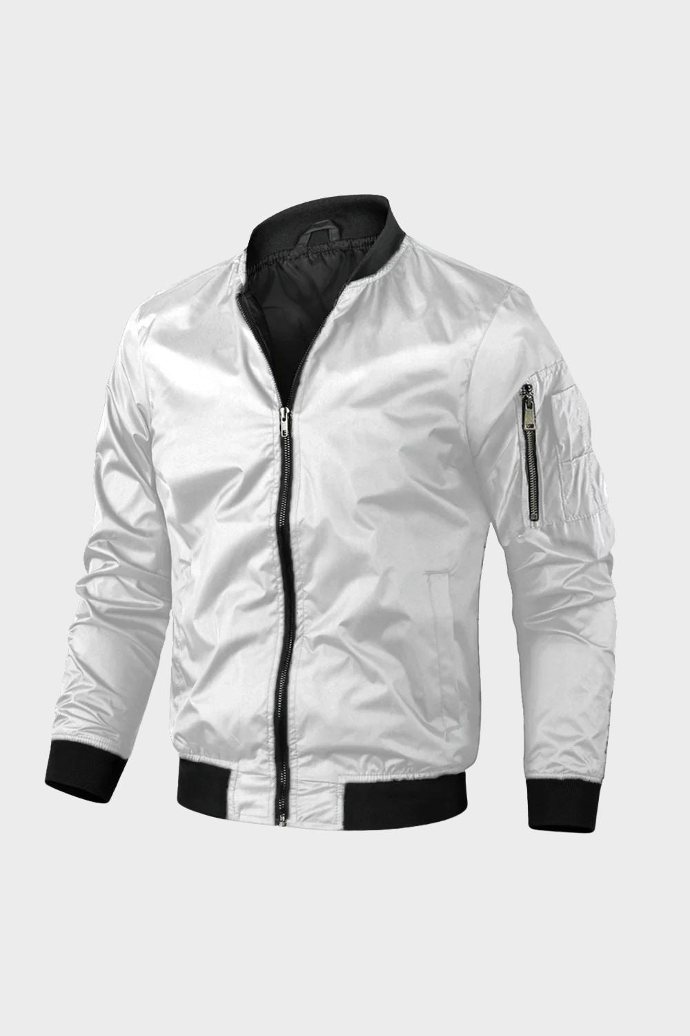 Men's Bomber Jacket with Zip and Stand-Up Collar | White