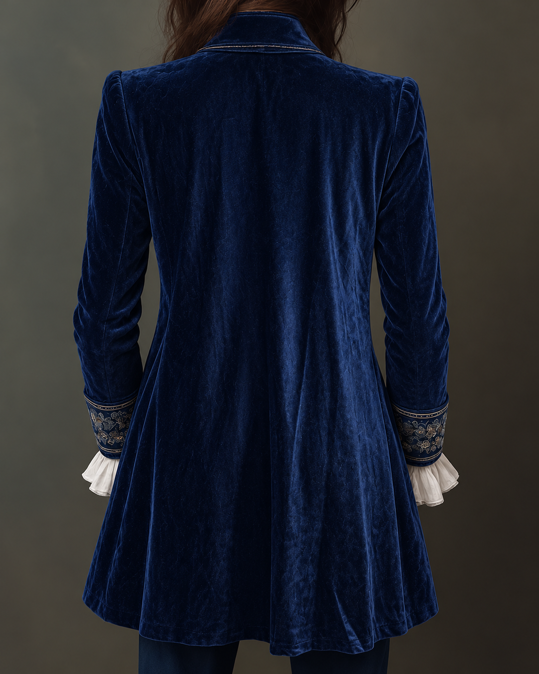Women's Velvet Jacket | Longline with Embroidered Trim and Cuffs