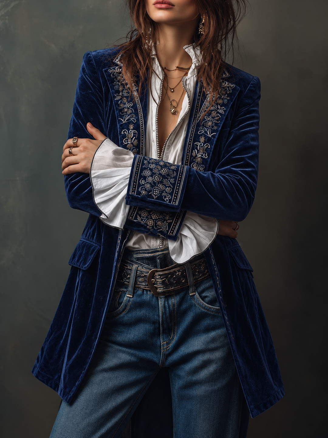 Women's Velvet Jacket | Longline with Embroidered Trim and Cuffs