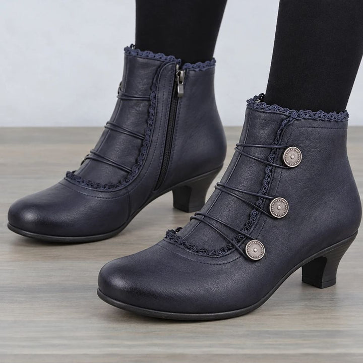 Women's Heeled Ankle Boots | Victorian Button Lace Trim
