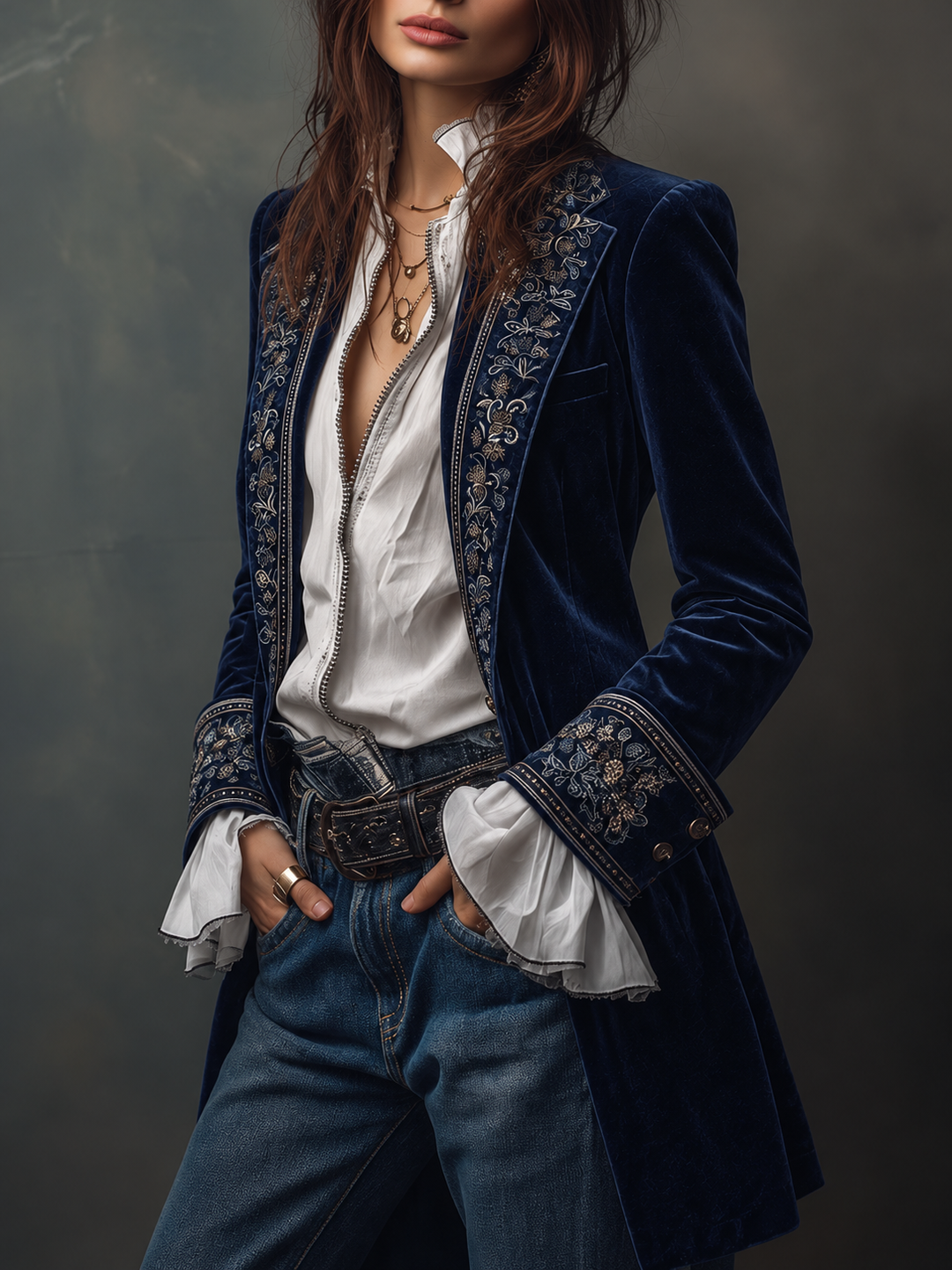 Women's Velvet Jacket | Longline with Embroidered Trim and Cuffs