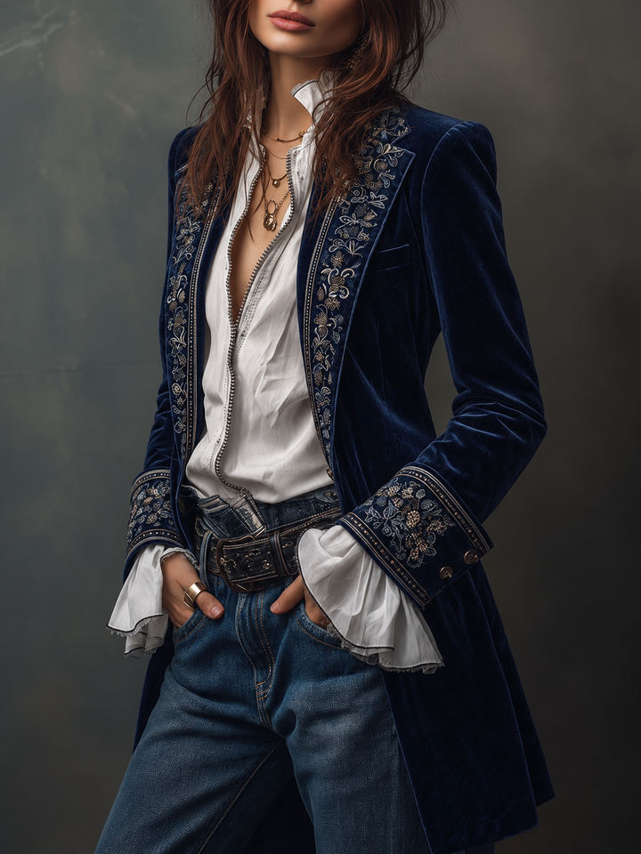 Women's Velvet Jacket | Longline with Embroidered Trim and Cuffs