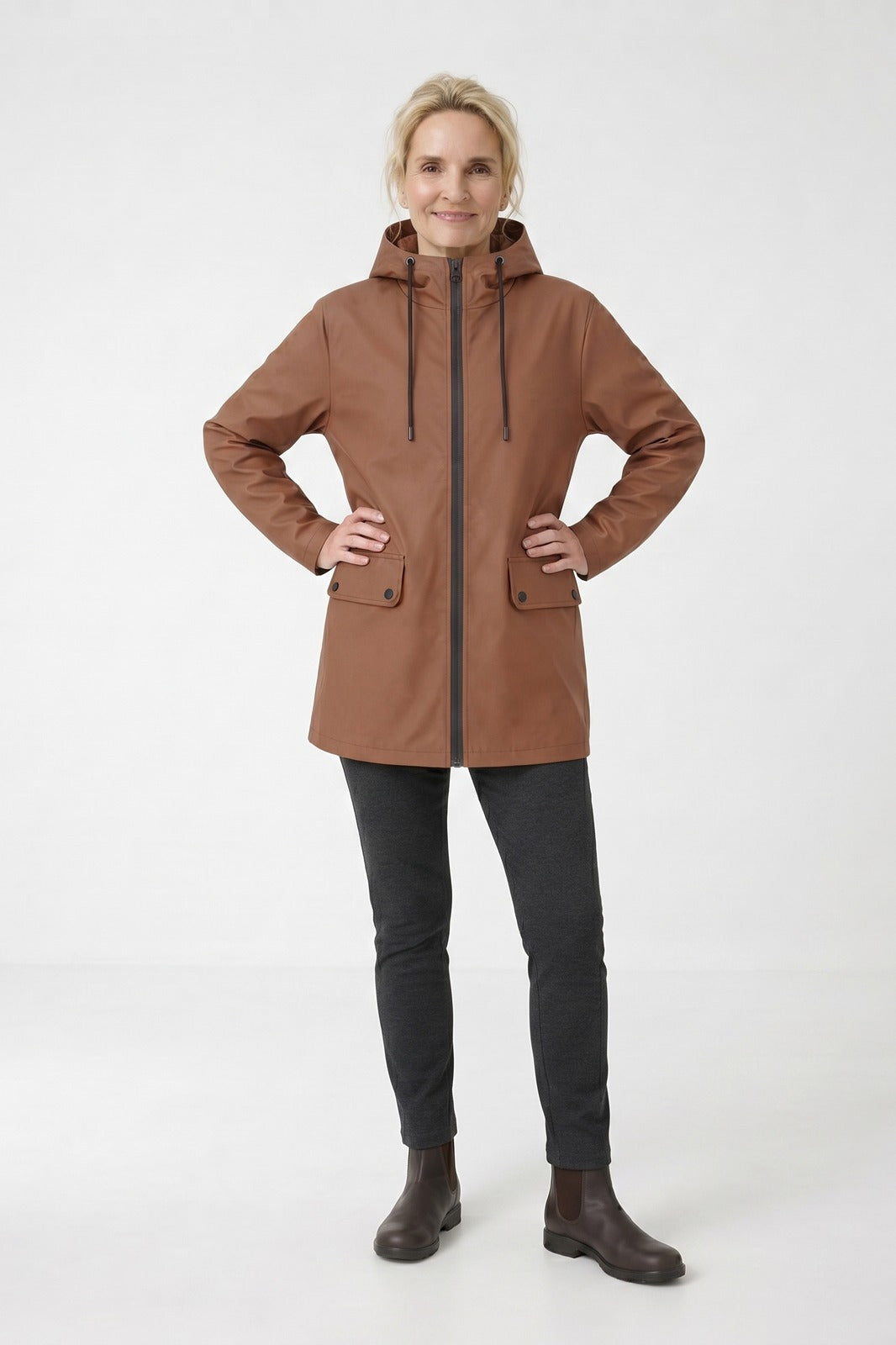 Women's Hooded Rain Jacket | Zip Front | on model