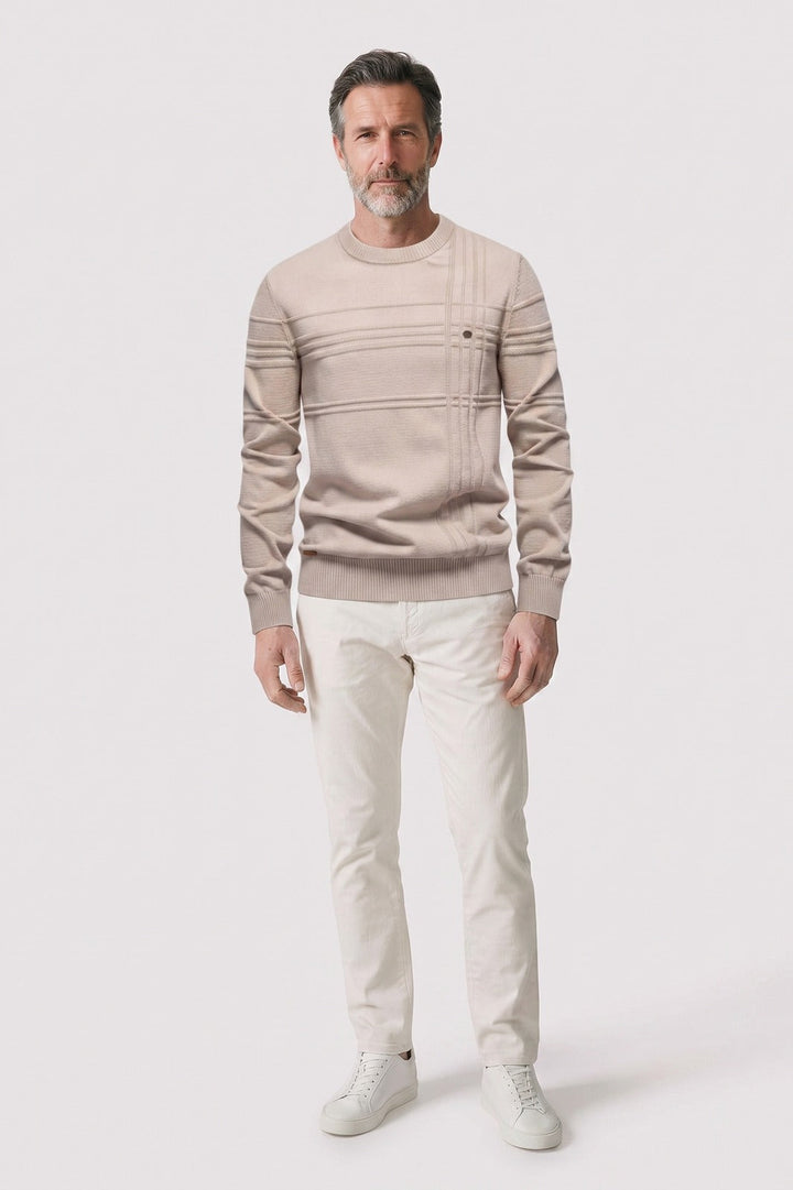 Men's Striped Crew Sweater | Ribbed Trim | on model
