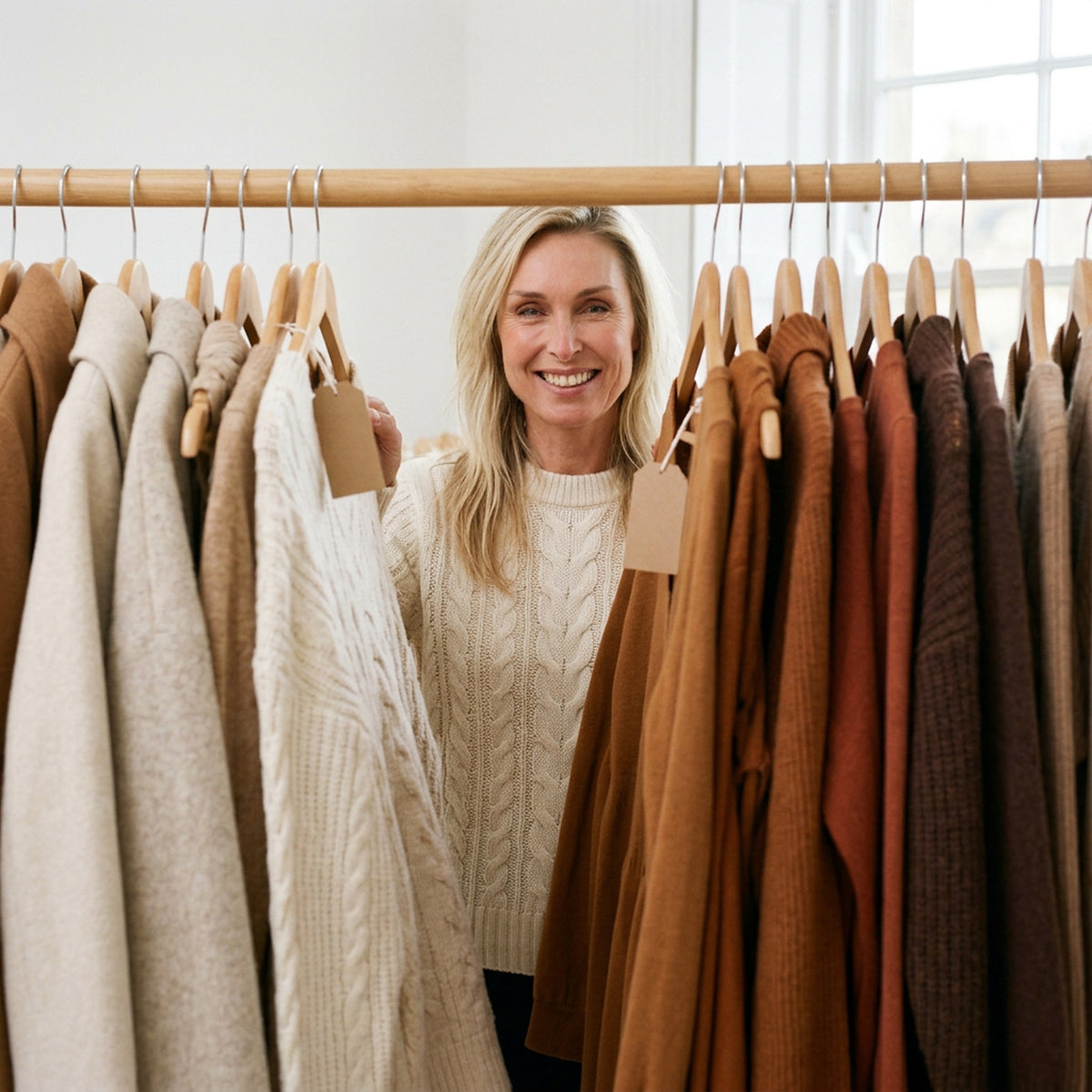 Ellie browsing a rail of autumn knitwear and coats