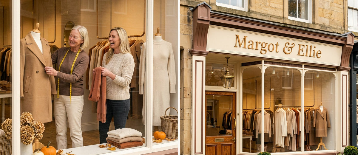 Margot and Ellie dressing their shop window, and the Margot & Ellie shopfront in Harrogate
