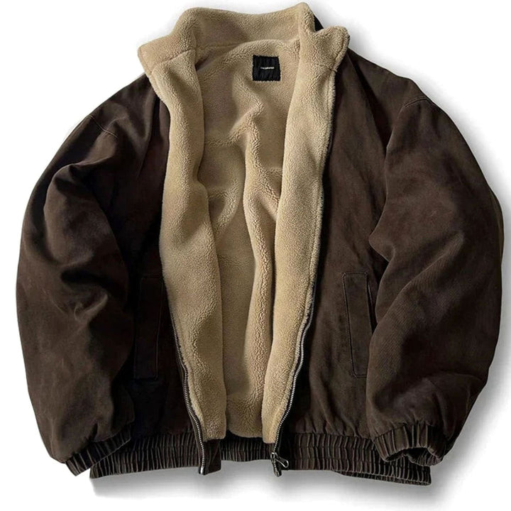 Brown bomber jacket with light fleece lining and zip front