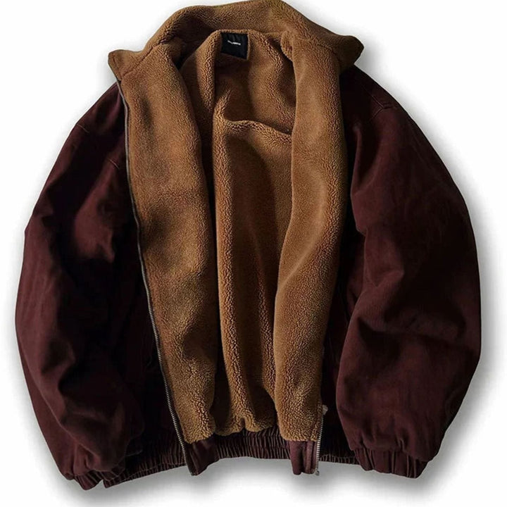Men's oversized bomber jacket in burgundy, open to show the fleece lining