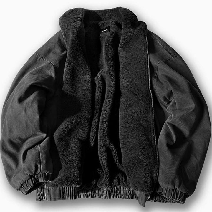 Charcoal bomber jacket with dark fleece lining