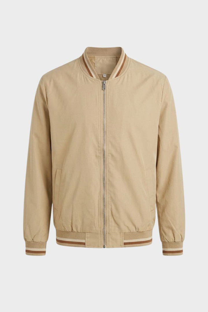 Beige bomber jacket with brown tipped rib trims