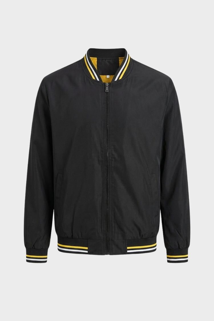 Black bomber jacket with yellow tipped collar, cuffs and hem