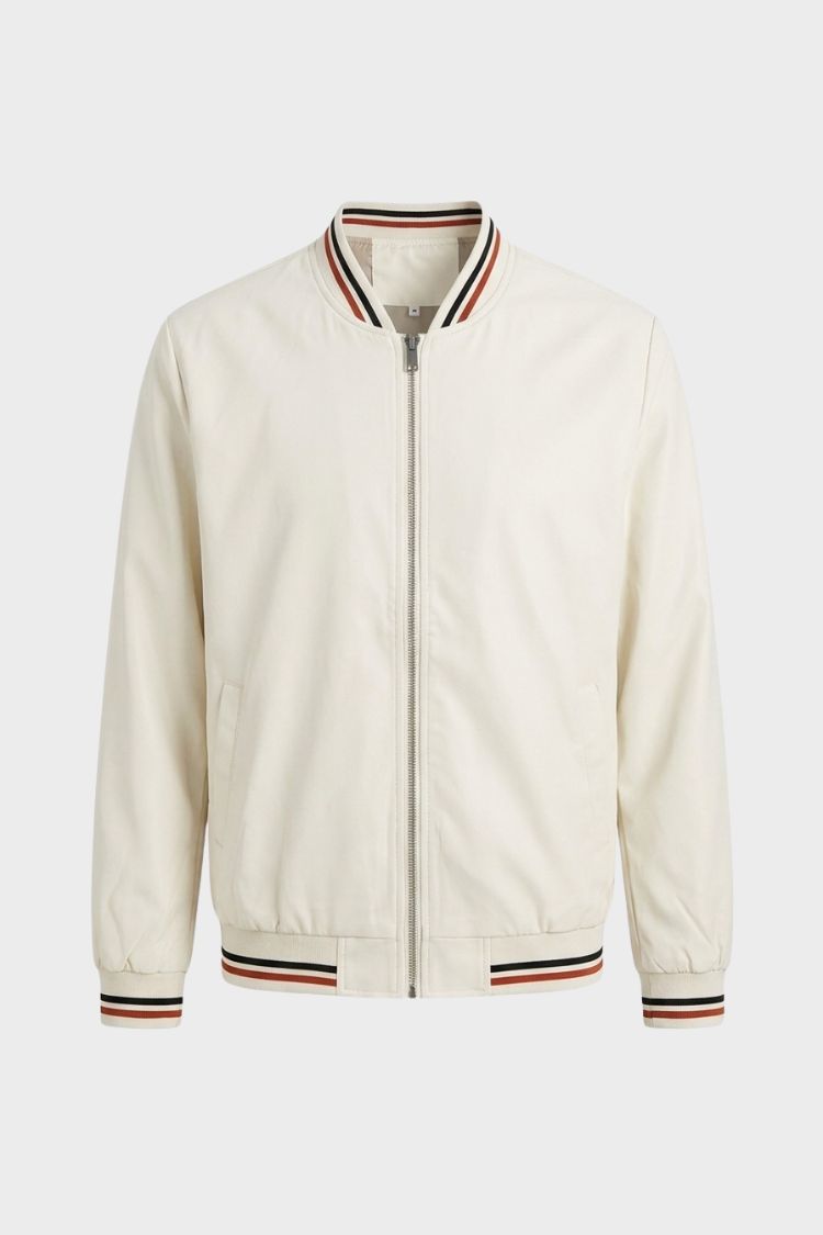 Cream bomber jacket with red and navy tipped ribbing