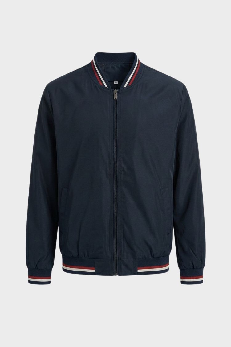 Men's bomber jacket in navy, stripe tipped rib collar and cuffs with zip up front