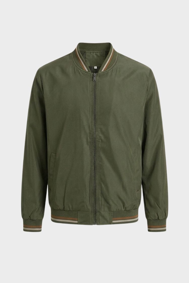 Olive green bomber jacket with tipped rib collar and full zip