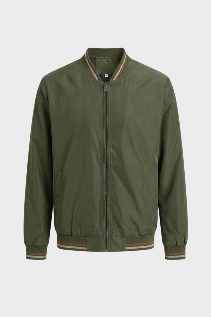 Olive green bomber jacket with tipped rib collar and full zip