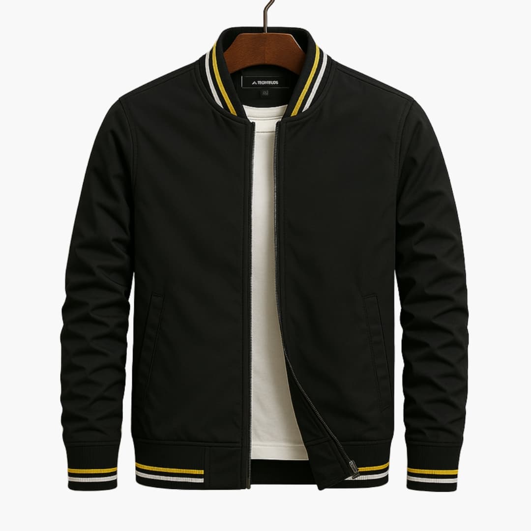 Black bomber jacket on a hanger with striped collar and cuffs