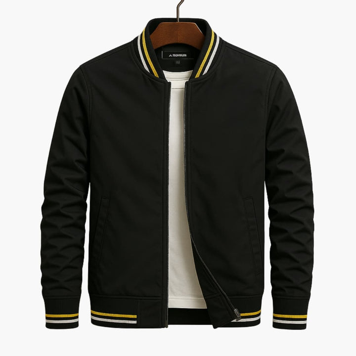 Black bomber jacket on a hanger with striped collar and cuffs