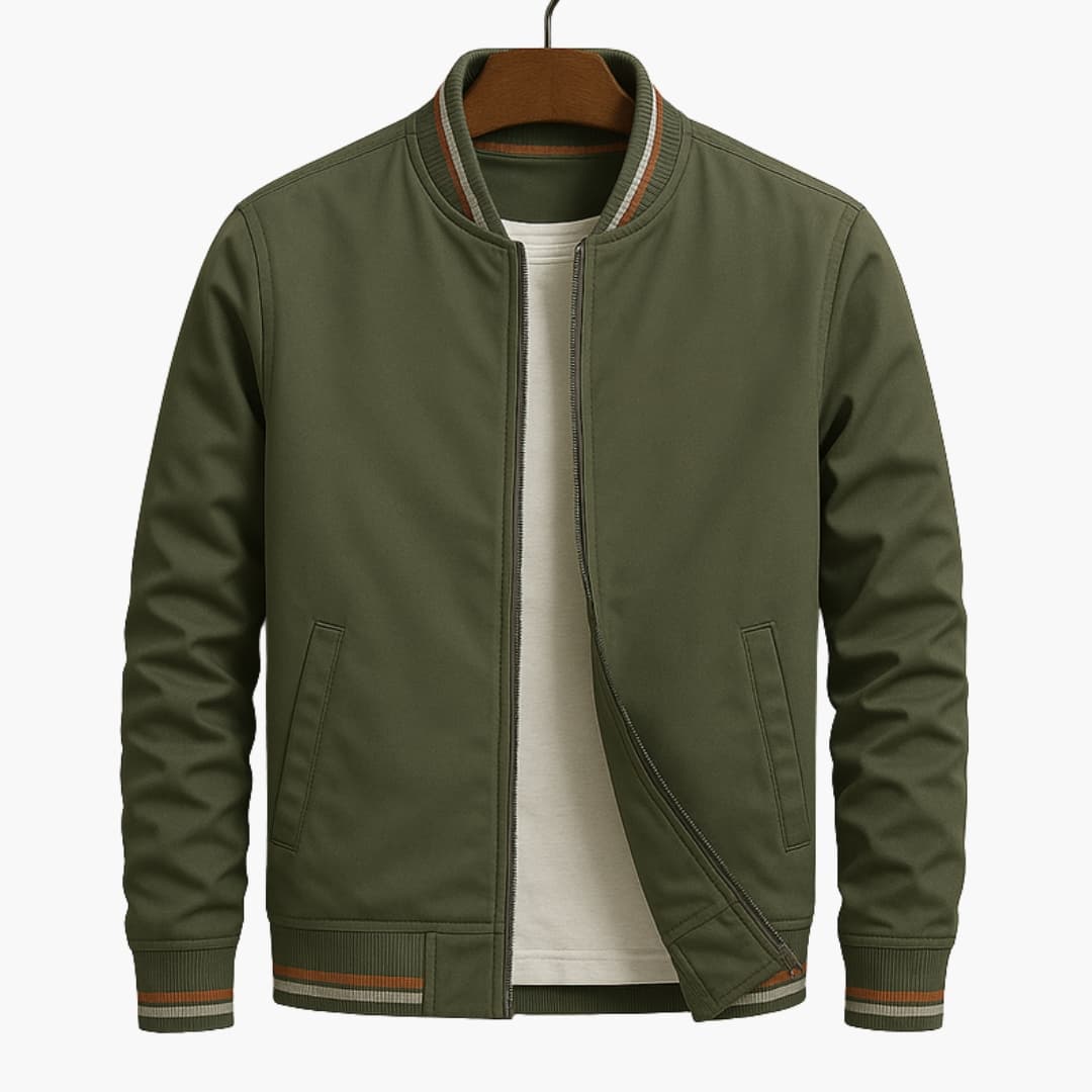 Olive Green bomber jacket on a hanger with striped collar and cuffs