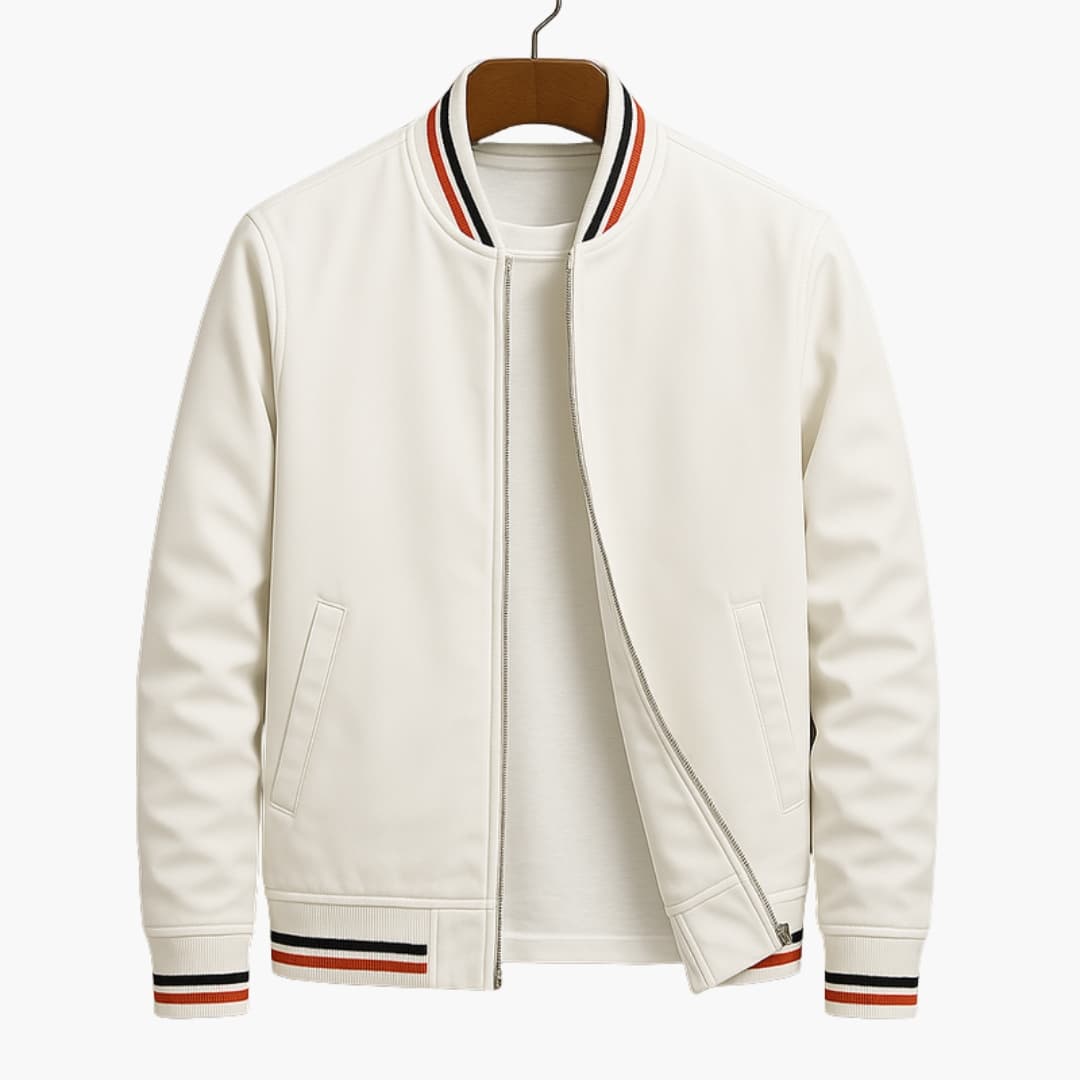Men's bomber jacket in white with striped rib trim and zip front