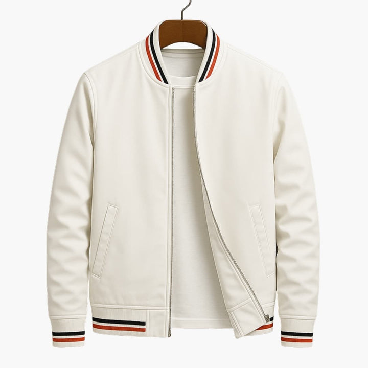 Men's bomber jacket in white with striped rib trim and zip front
