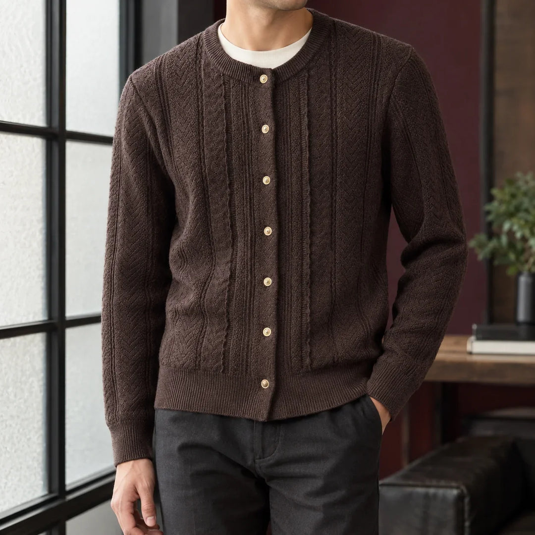 Men's cable knit cardigan in brown, crew neck button front