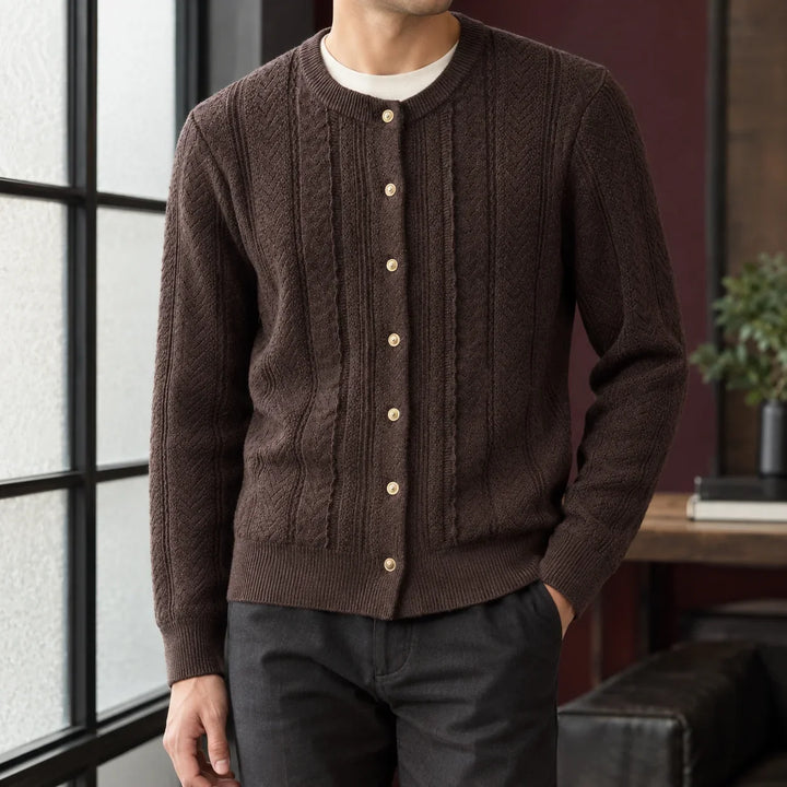 Men's cable knit cardigan in brown, crew neck button front