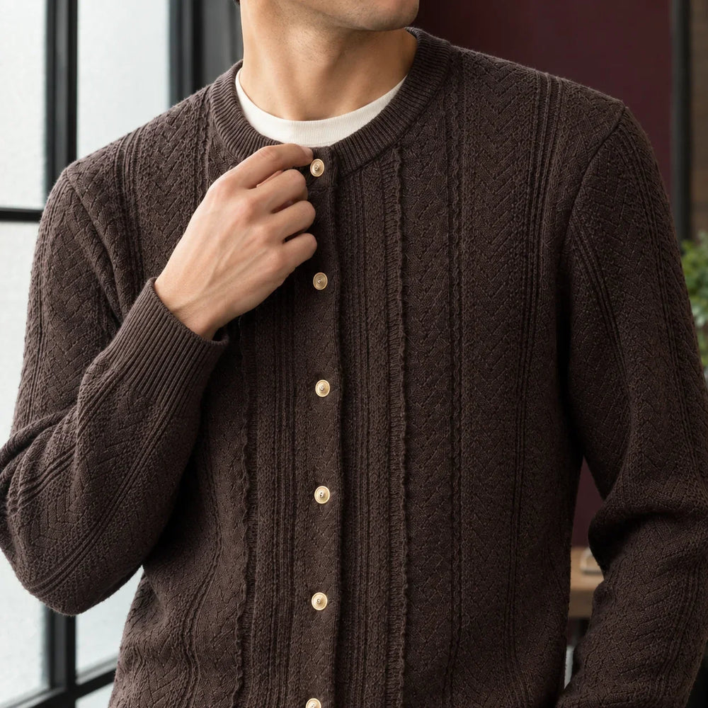 Men's cable knit cardigan, crew neck button front, view 1