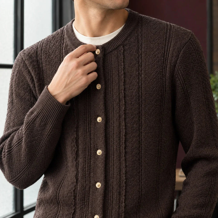Men's cable knit cardigan, crew neck button front, view 1