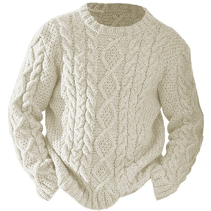 Men's cable knit jumper in beige, chunky aran crew neck