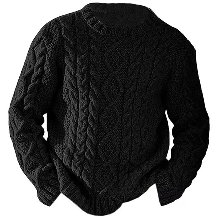 Men's cable knit jumper in black, chunky aran crew neck