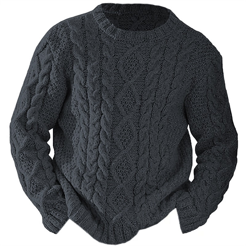 Men's cable knit jumper in dark grey, chunky aran crew neck