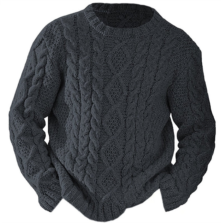 Men's cable knit jumper in dark grey, chunky aran crew neck