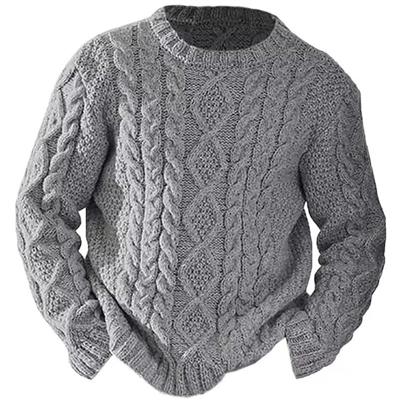 Men's cable knit jumper in light grey, chunky aran crew neck