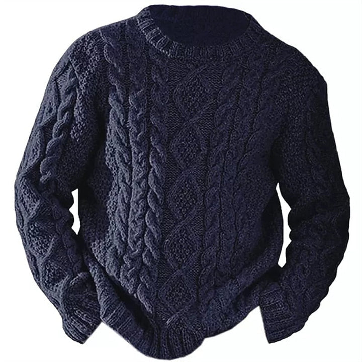 Men's cable knit jumper in navy, chunky aran crew neck