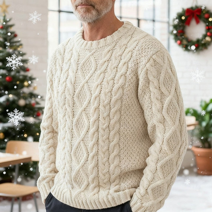 Men's cable knit jumper, chunky aran crew neck, view 1