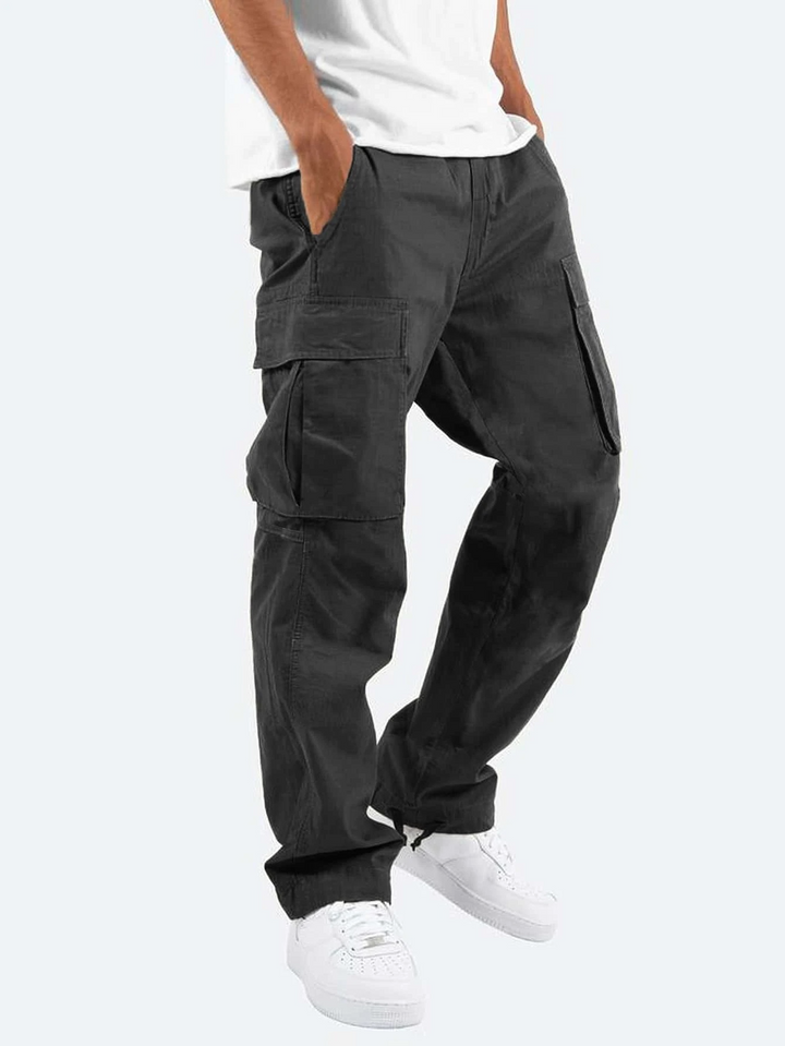Men's cargo trousers in black, relaxed straight leg with toggle hem