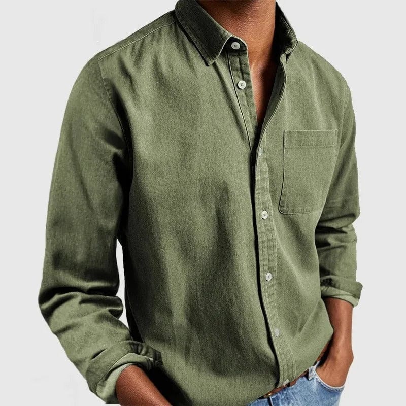 Green casual shirt with point collar and chest pocket, worn untucked