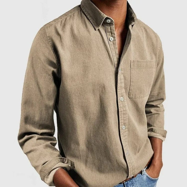 Khaki casual shirt with point collar and chest pocket, worn untucked