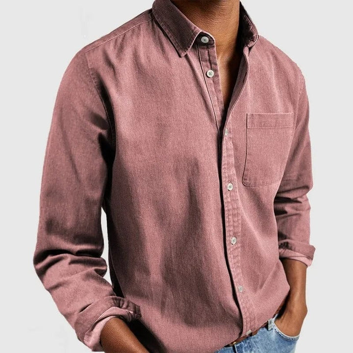 Pink casual shirt with point collar and chest pocket, worn untucked